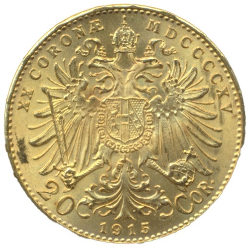 693 - Investment Gold lot - documents required. Austria. 1915 20 corona restrike extremely fine. (Y)