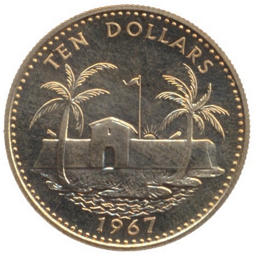 702 - Investment Gold Lot - documents required. Bahamas. 1967 $10 very fine (markings to field). (Y)