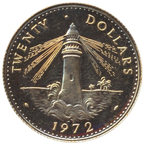 703 - Investment Gold lot - documents required. Bahamas. 1972 'Lighthouse' $20 proof FDC. (See photo) (Y)