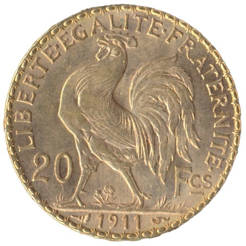 715 - Investment Gold lot - documents required. France. 1911 20 francs extremely fine. (Y)