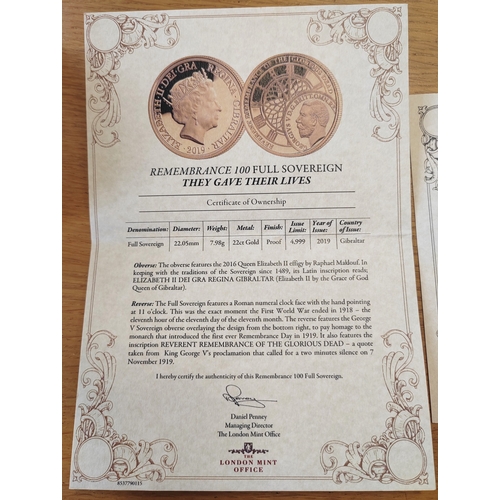 719 - Investment Gold Lot - documents required. Gibraltar. 2019 Remembrance sovereign proof FDC from The L... 