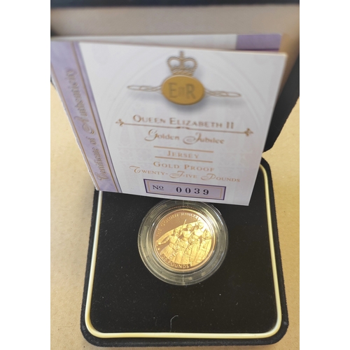 729 - Investment Gold Lot - documents required. Jersey. 2002 £25 Golden Jubilee boxed proof FDC. (Y)