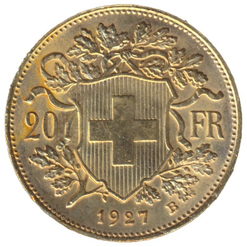 751 - Investment Gold lot - documents required. Switzerland. 1927B 20 francs extremely fine. (Y)