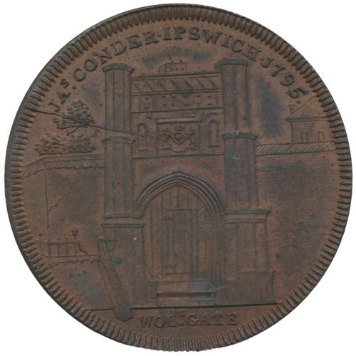 811 - 1797 Conder’s Ipswich penny, Wolsey’s Gate/JMC, usual light die flaw on reverse, extremely fine with... 