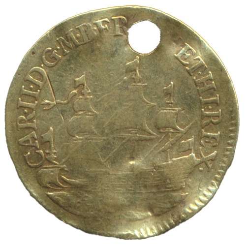 822 - Charles II. c1660-85 gold 'royal touchpiece', good fine, holed at 11 o'clock, weight approx. 3.5g. (... 