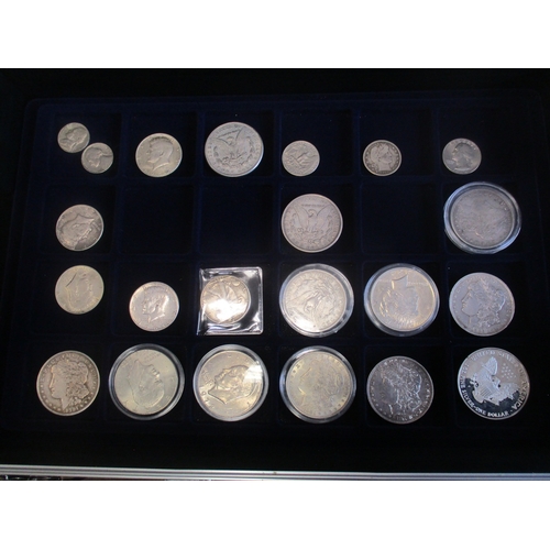 853 - Collection of various bronze and silver coins in metal coin case, generally fair/fine or better, mos... 