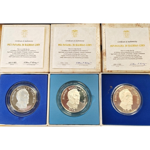 914 - Panama. 1972, 1974 and 1975 20 Balboas boxed proof coins FDC with certificates. (R)