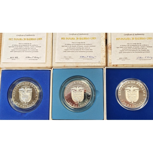 914 - Panama. 1972, 1974 and 1975 20 Balboas boxed proof coins FDC with certificates. (R)