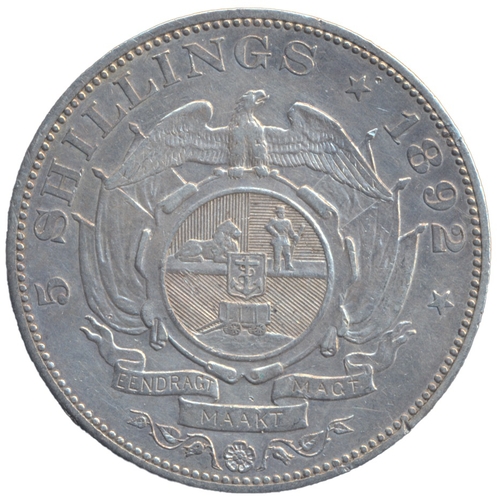 924 - South Africa. 1892 5 shillings, double shaft, fine. (See photo) (Y)