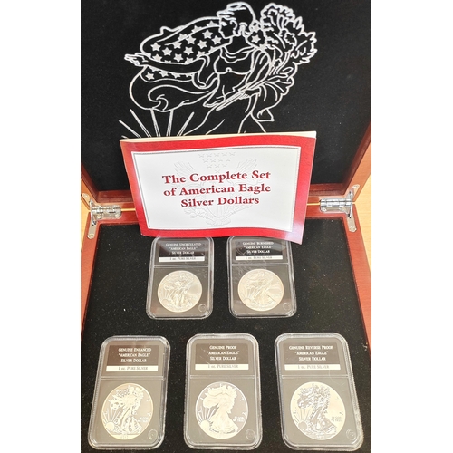 929 - USA. The Complete set of American Eagle Silver Dollars in wooden presentation box containing encapsu... 