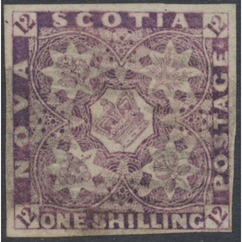 104 - British North America. QV M/U coln on 4 album leaves, incl 1851-60 Nova Scotia set U (6d with thins)... 