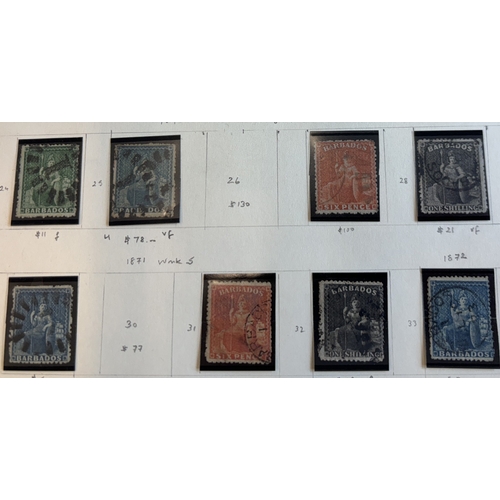 134 - Barbados. QV-KGV M/U coln on album pages, incl 1852-55 vals to 4d U, 1858 6d pale rose red and 1/- b... 