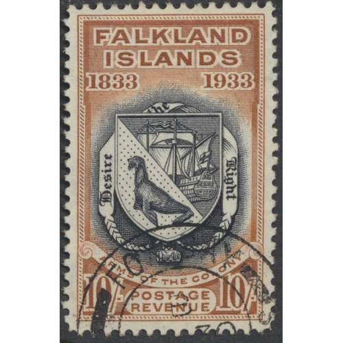 157 - Falkland Islands. KGVI-QEII U/FU range on album leaves, incl 1929-37 vals to 2/6 FU, 1933 1/- to 10/... 