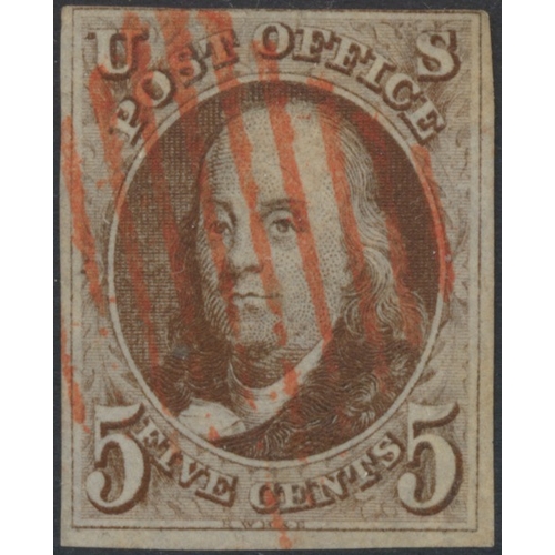 258 - United States of America. Early used coln on old Scott printed album pages, incl 1847 5c FU & 10c U ... 