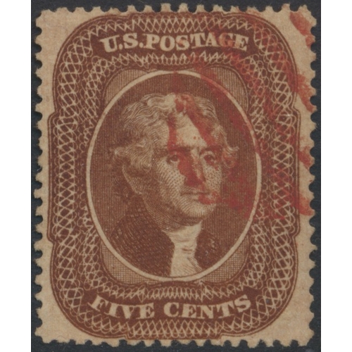 258 - United States of America. Early used coln on old Scott printed album pages, incl 1847 5c FU & 10c U ... 