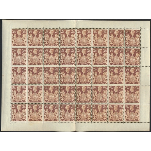 308 - KGVI 1939-1948 UM 2/6 sheet of 40, with varieties incl Gashed Diadem and Mark in Shield, folded down... 