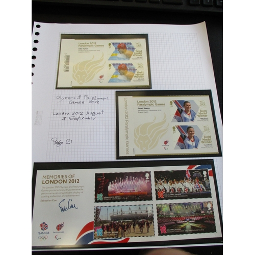 351 - 2012 Olympics and Paralympics gold winners sets, plus M/S. Valid face value £342 (R)