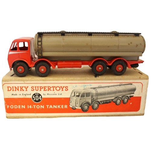 423 - Dinky. Foden 14 ton tanker No. 504, first type red cab/ chassis and ridged hubs, fawn tank, silver f... 