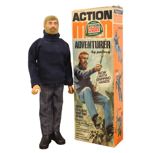 124 - Palitoy Action Man Vintage Adventurer excellent condition with dark blue sweater, jeans, boots, leaf... 