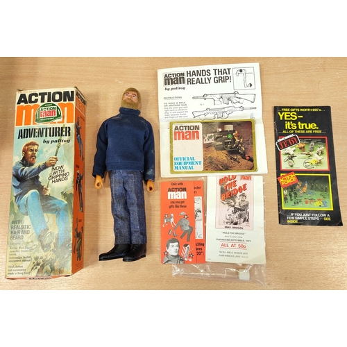 124 - Palitoy Action Man Vintage Adventurer excellent condition with dark blue sweater, jeans, boots, leaf... 
