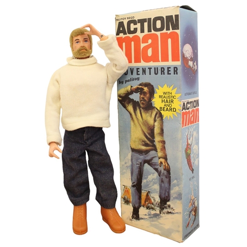 125 - Palitoy Action Man Vintage Adventurer excellent condition with eagle eyes, dog tags, white sweater, ... 