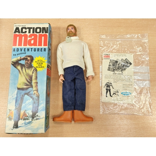 125 - Palitoy Action Man Vintage Adventurer excellent condition with eagle eyes, dog tags, white sweater, ... 