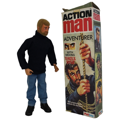 126 - Palitoy Action Man Vintage Adventurer excellent condition with Eagle eyes, dark blue sweater, light ... 