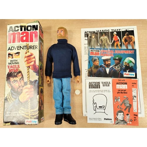 126 - Palitoy Action Man Vintage Adventurer excellent condition with Eagle eyes, dark blue sweater, light ... 