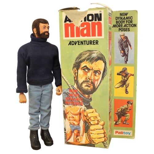 127 - Palitoy Action Man Vintage Adventurer excellent condition with eagle eyes, blue sweater, light blue ... 