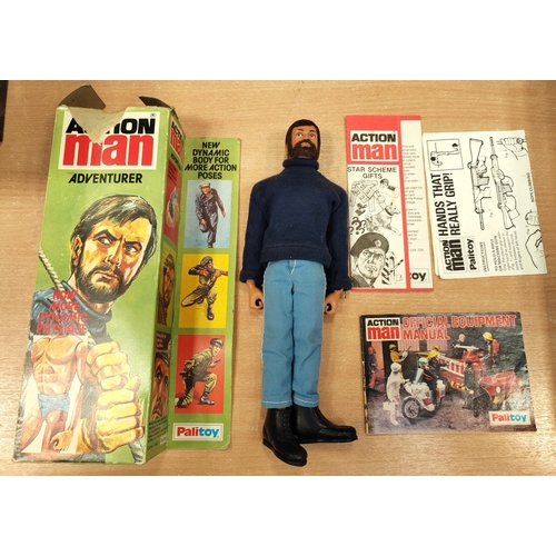 127 - Palitoy Action Man Vintage Adventurer excellent condition with eagle eyes, blue sweater, light blue ... 