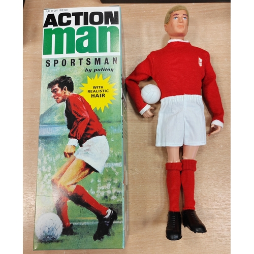 140 - Palitoy Action Man Sportsman Footballer very good in red top and socks, white shorts plus football a... 