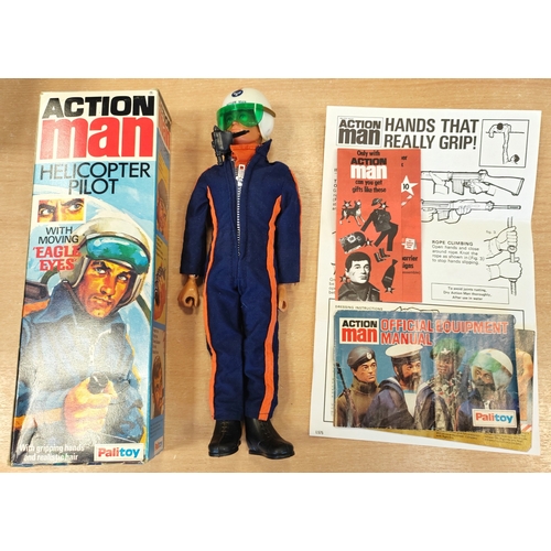 144 - Palitoy Action Man Helicopter Pilot excellent in very good box with eagle eyes, boots, helmet, leafl... 