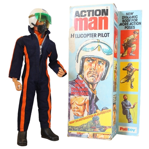 145 - Palitoy Action Man Helicopter Pilot excellent condition with eagle eyes, boots, helmet, leaflets in ... 