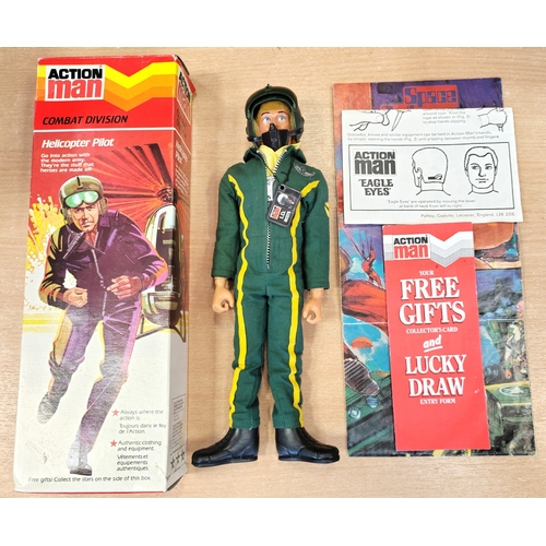 146 - Palitoy Action Man Helicopter Pilot excellent in very good box with eagle eyes, dog tag, boots, gree... 