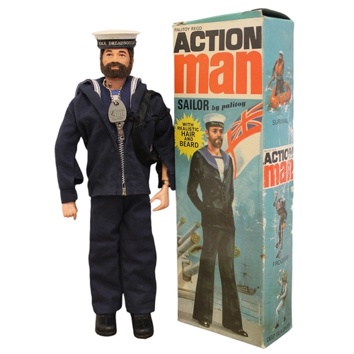 149 - Palitoy Action Man Vintage Sailor very good in good box with HMS Dreadnought hat, dog tag, boots, le... 