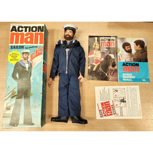 149 - Palitoy Action Man Vintage Sailor very good in good box with HMS Dreadnought hat, dog tag, boots, le... 