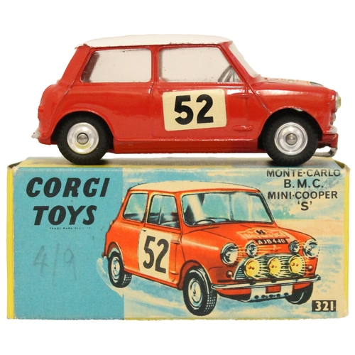 402 - Corgi. Mini Cooper ‘S’ No. 321, MONTE CARLO 1965’, red body, white roof without spotlight, ‘AJB 44B’... 