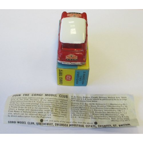 402 - Corgi. Mini Cooper ‘S’ No. 321, MONTE CARLO 1965’, red body, white roof without spotlight, ‘AJB 44B’... 