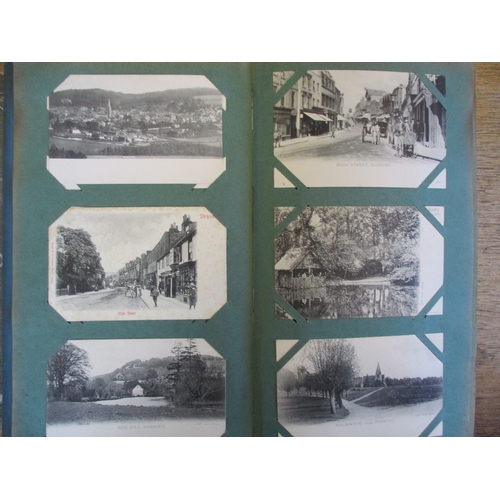 71 - Misc. coln. in 2 old albums and loose. UK topo. incl. better ptd cards of Dorking, Peaslake, Mortime... 