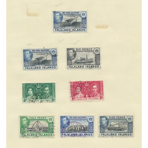 157 - Falkland Islands. KGVI-QEII U/FU range on album leaves, incl 1929-37 vals to 2/6 FU, 1933 1/- to 10/... 