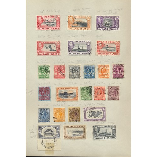 157 - Falkland Islands. KGVI-QEII U/FU range on album leaves, incl 1929-37 vals to 2/6 FU, 1933 1/- to 10/... 