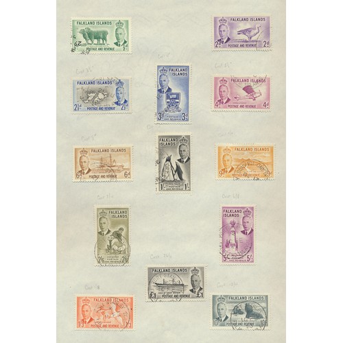 157 - Falkland Islands. KGVI-QEII U/FU range on album leaves, incl 1929-37 vals to 2/6 FU, 1933 1/- to 10/... 