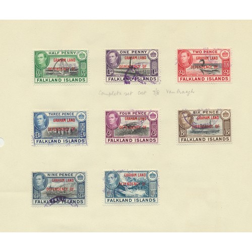 157 - Falkland Islands. KGVI-QEII U/FU range on album leaves, incl 1929-37 vals to 2/6 FU, 1933 1/- to 10/... 