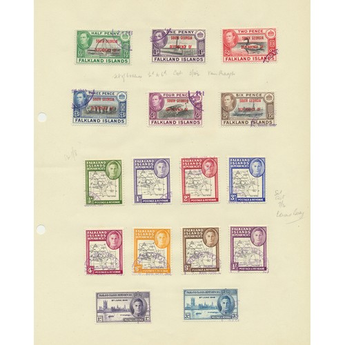 157 - Falkland Islands. KGVI-QEII U/FU range on album leaves, incl 1929-37 vals to 2/6 FU, 1933 1/- to 10/... 