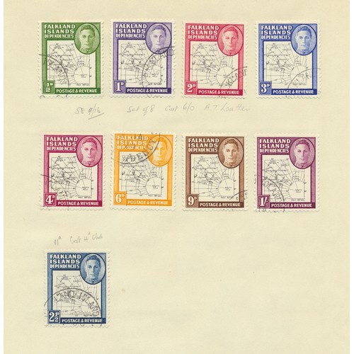 157 - Falkland Islands. KGVI-QEII U/FU range on album leaves, incl 1929-37 vals to 2/6 FU, 1933 1/- to 10/... 