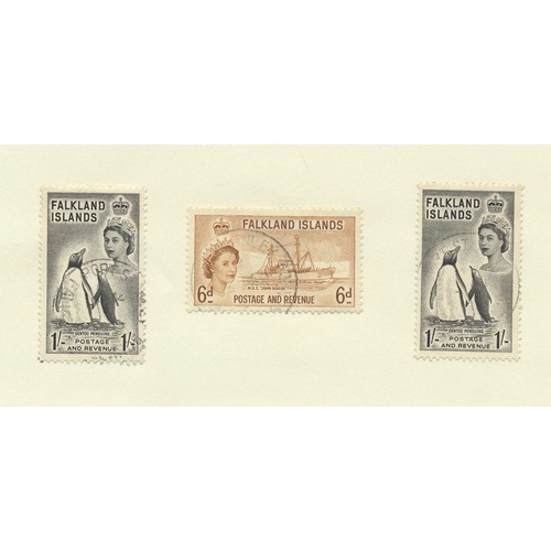 157 - Falkland Islands. KGVI-QEII U/FU range on album leaves, incl 1929-37 vals to 2/6 FU, 1933 1/- to 10/... 