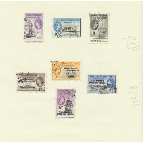 157 - Falkland Islands. KGVI-QEII U/FU range on album leaves, incl 1929-37 vals to 2/6 FU, 1933 1/- to 10/... 