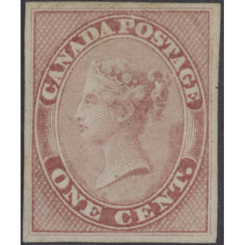 153 - Canada. 1859 (1 July) 1c rose imperf single, unused. (SG30a) Cat £2,375 (See photo) (S)