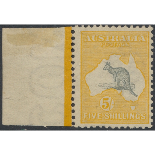 147 - Australia. 1913-14 5/- Kangaroo and Map, grey and yellow, left-hand marginal, UM (mounted on front o... 