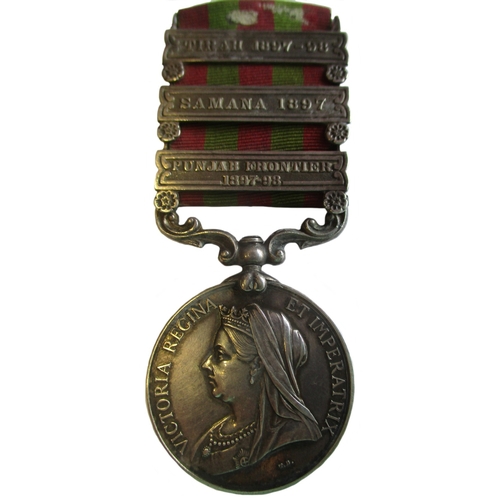 19 - 1895 India Medal 3 clasps Punjab Frontier 1897-98, Samana 1897, Tirah 1897-98 to 86595 Gunner J. Har... 